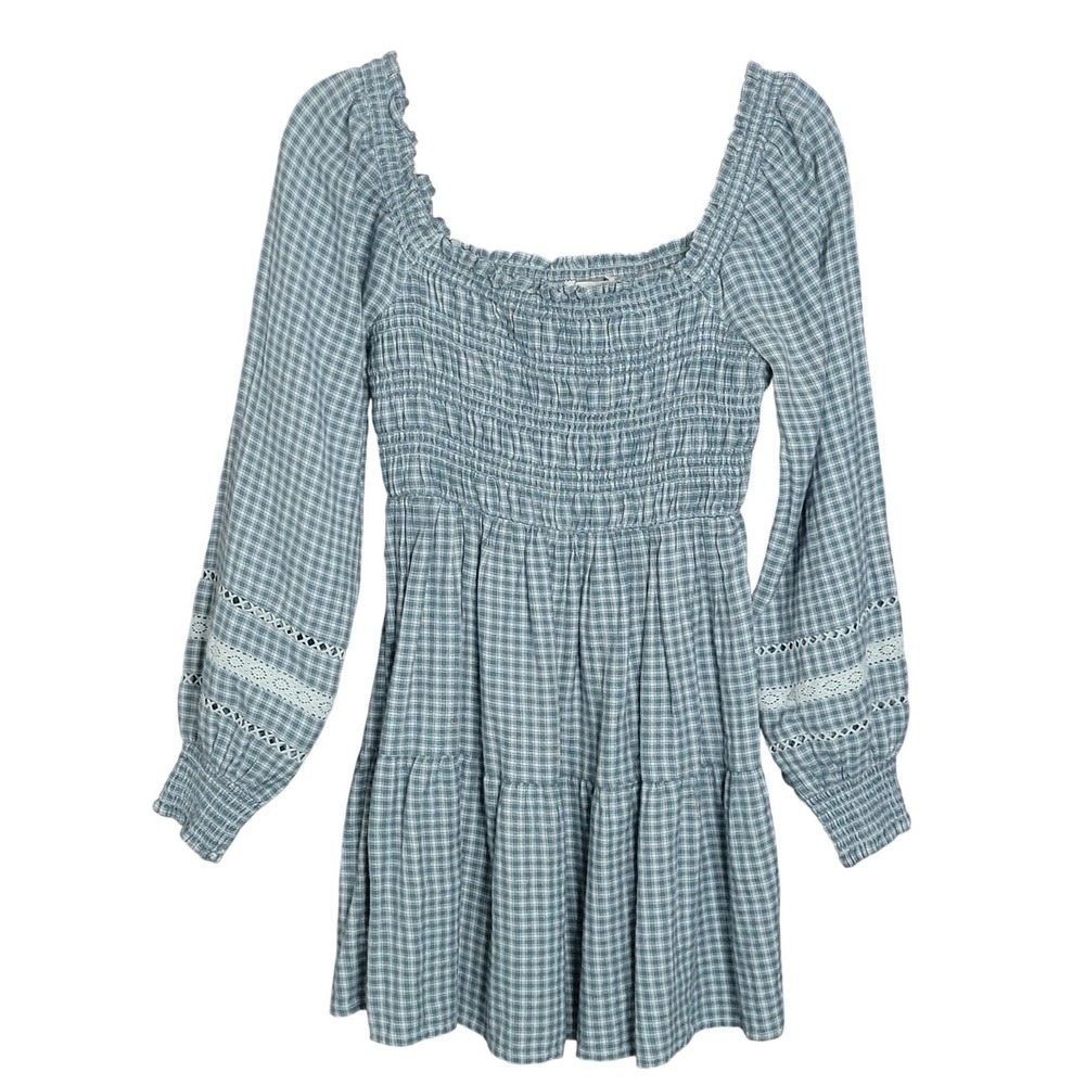American Eagle Mini Dress XS Blue Gingham Smocked Puff Sleeve Peasant Milkmaid